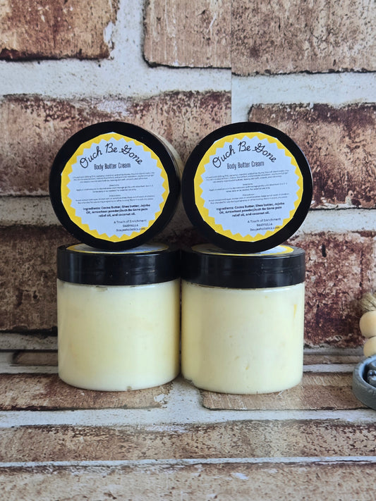 Creamy Body Butter infused in Ouch Be Gone pain relief oil.
