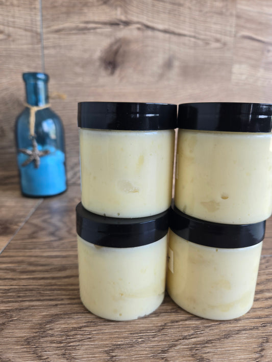 Creamy Body Butter infused in Ouch Be Gone pain relief oil.