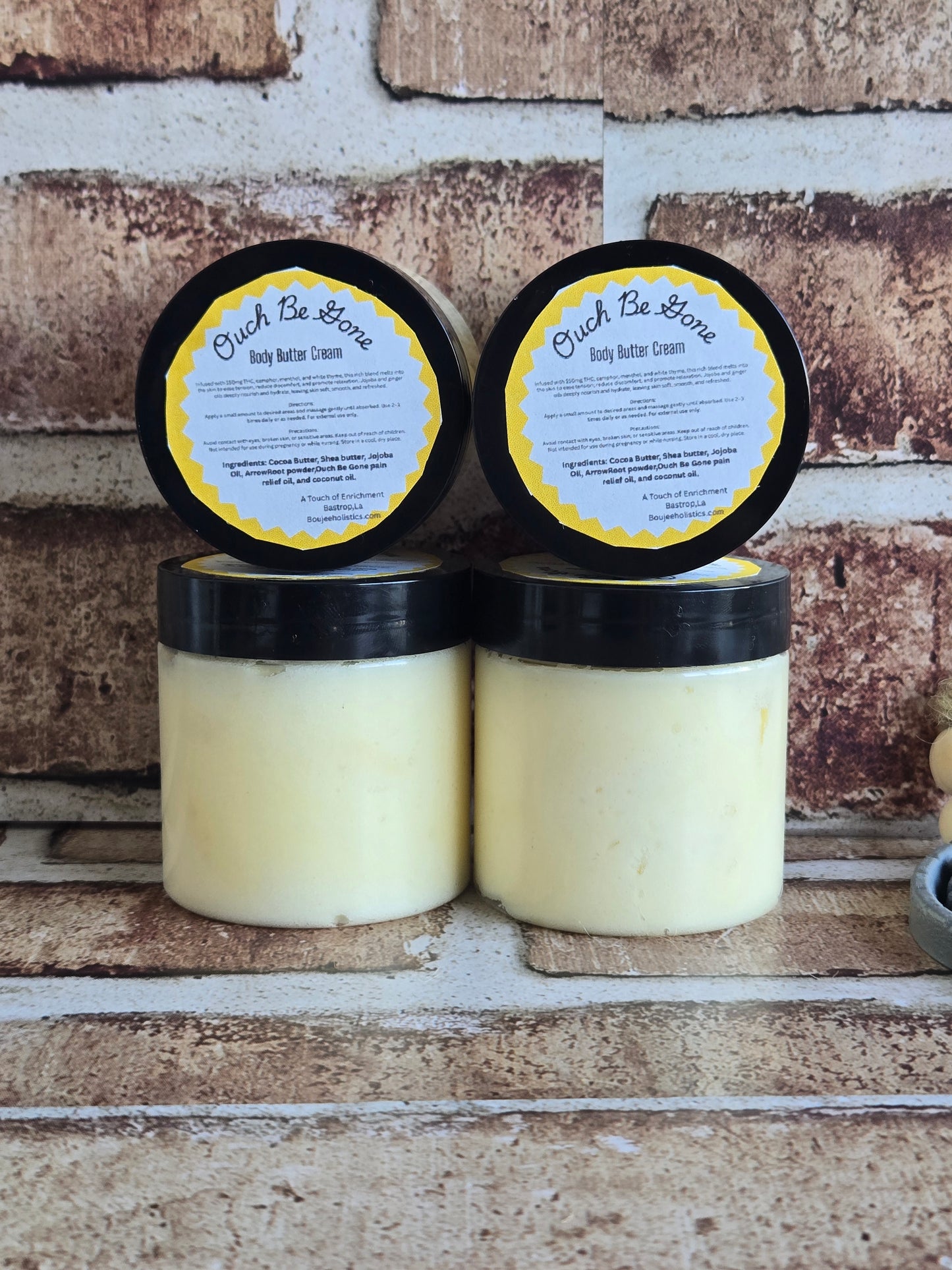 Creamy Body Butter infused in Ouch Be Gone pain relief oil.